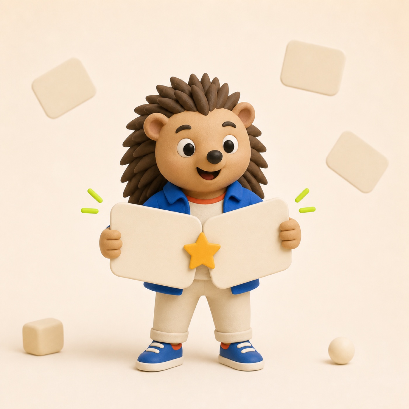 Pip, Vocapair's friendly anthropomorphic hedgehog mascot, holding two matching cards